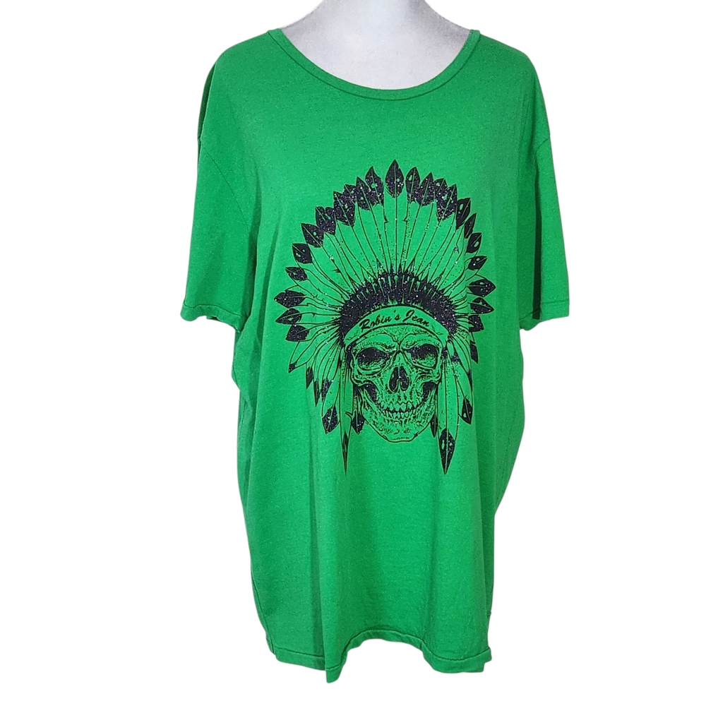 Robin's Jean Green Graphic Tee with Sparkly Skull Design NWT Size XL Green Tee